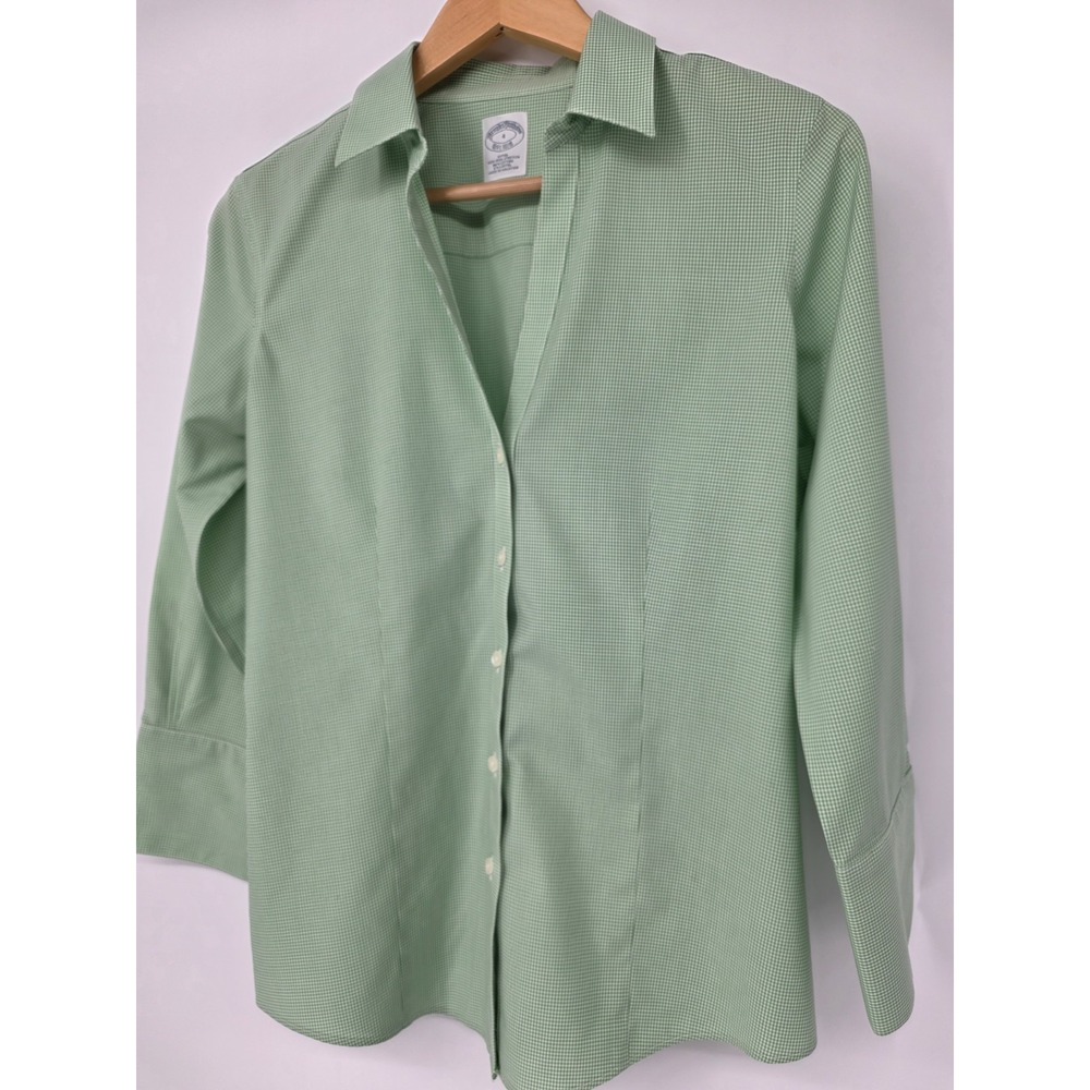Brooks Brother's Non-Iron Strech Fitted Button Down Blouse Green White Gingham 4